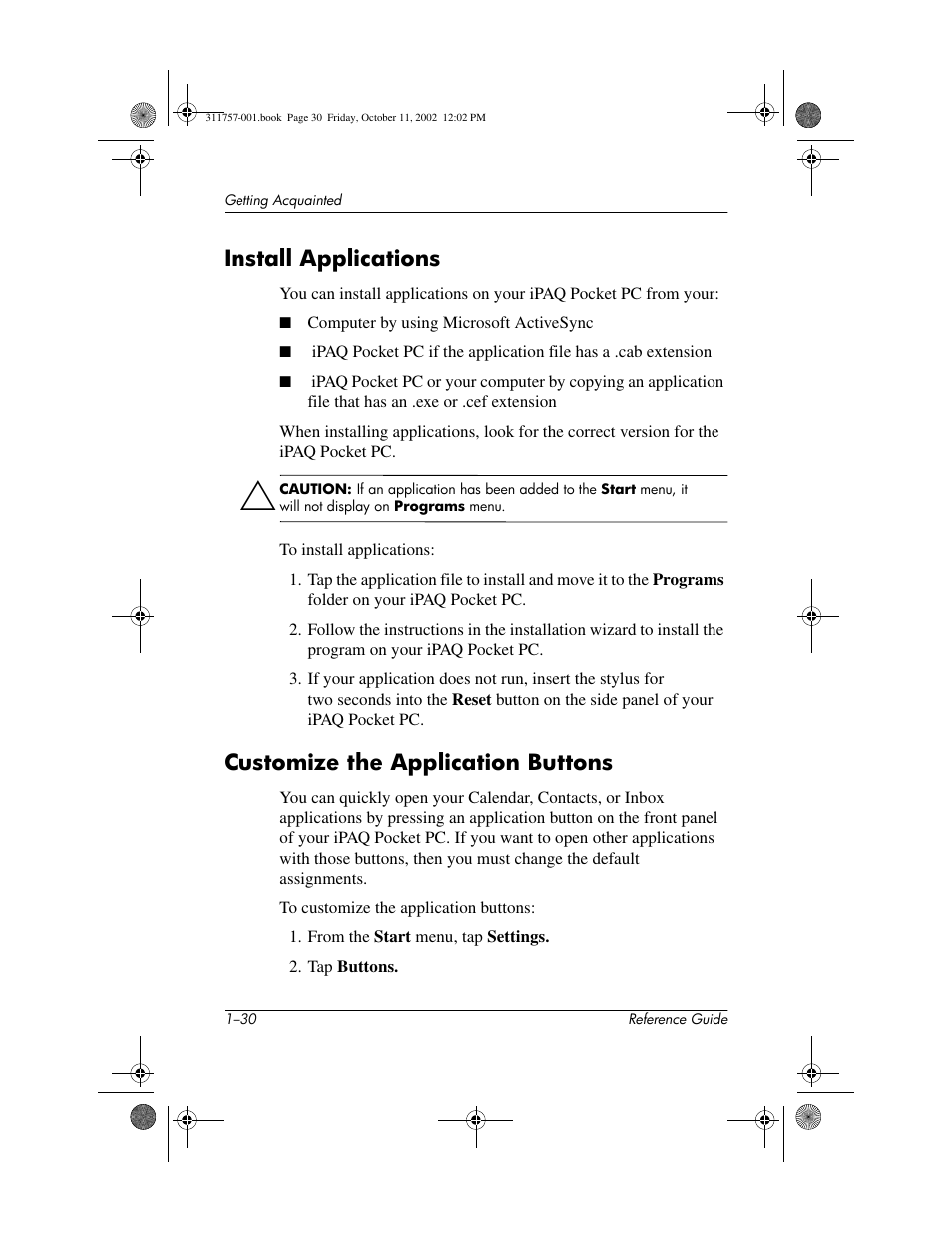 Install applications, Customize the application buttons | HP iPAQ h1910 User Manual | Page 36 / 105