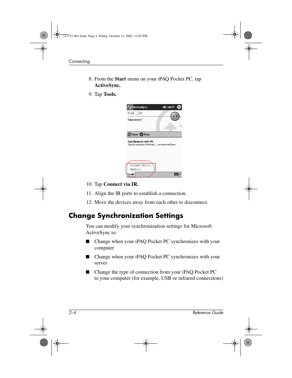 Change synchronization settings, Change synchronization settings –4 | HP iPAQ h1910 User Manual | Page 41 / 105