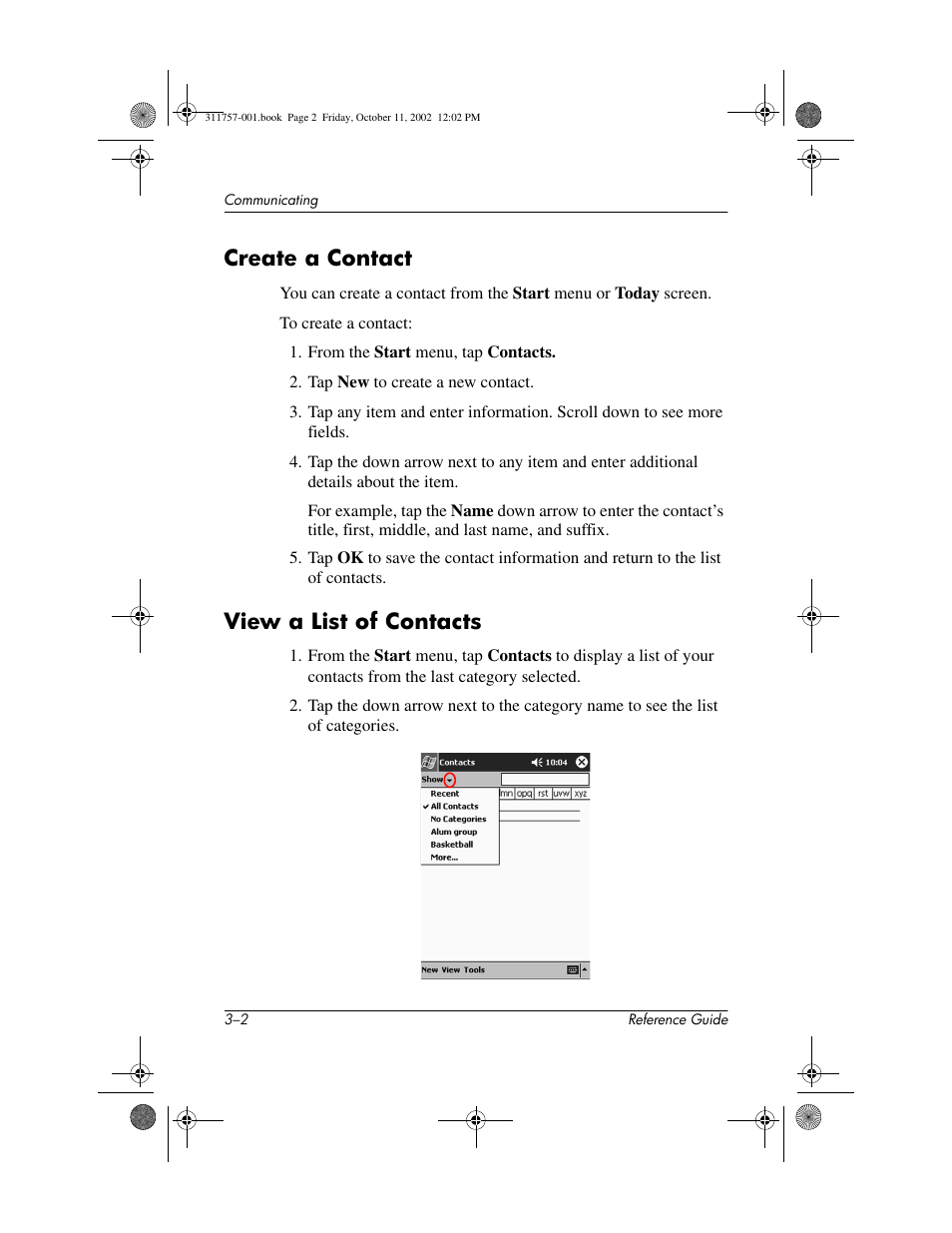 Create a contact, View a list of contacts, Create a contact –2 view a list of contacts –2 | View and edit a contact | HP iPAQ h1910 User Manual | Page 46 / 105