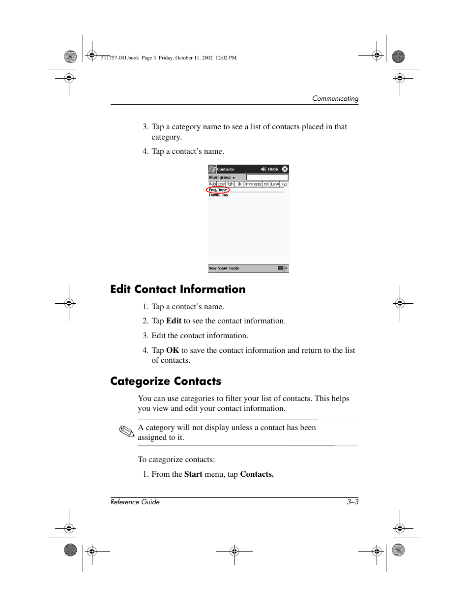 Edit contact information, Categorize contacts, Edit contact information –3 categorize contacts –3 | Categorize your contacts | HP iPAQ h1910 User Manual | Page 47 / 105