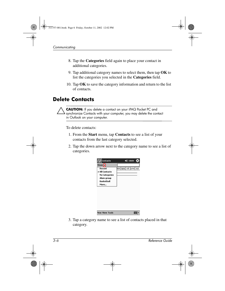 Delete contacts, Delete contacts –6, Delete a contact | HP iPAQ h1910 User Manual | Page 50 / 105