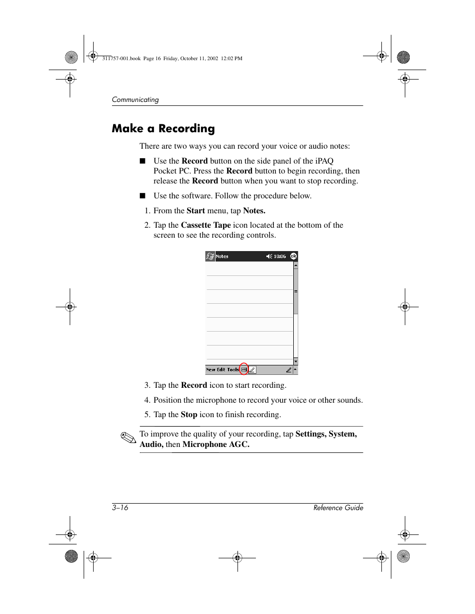 Make a recording, Make a recording –16 | HP iPAQ h1910 User Manual | Page 60 / 105