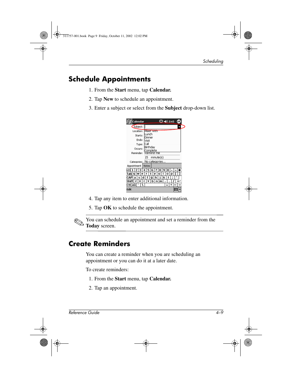 Schedule appointments, Create reminders, Schedule appointments –9 create reminders –9 | HP iPAQ h1910 User Manual | Page 70 / 105