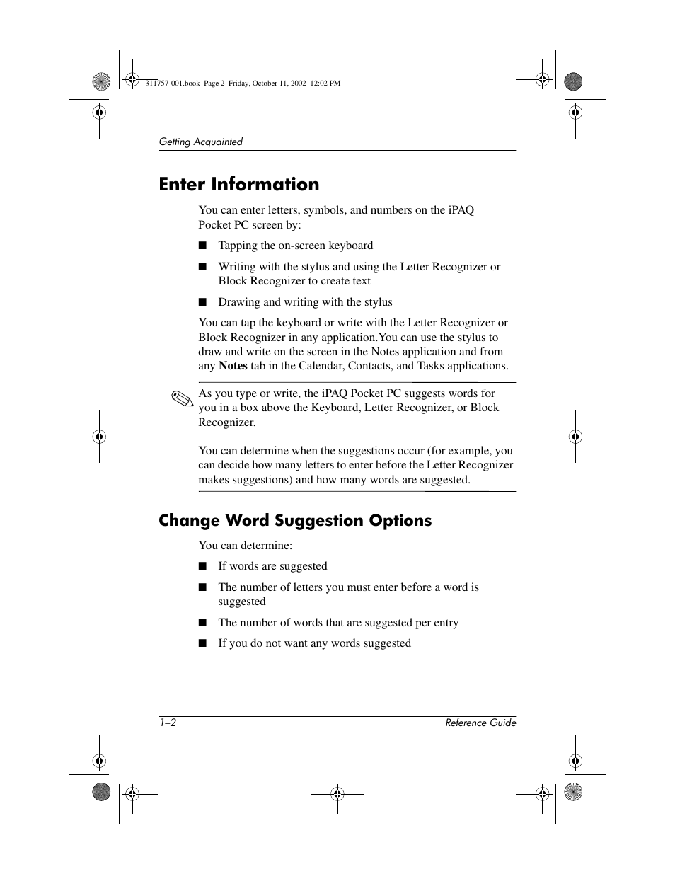 Enter information, Change word suggestion options, Enter information –2 | Change word suggestion options –2 | HP iPAQ h1910 User Manual | Page 8 / 105