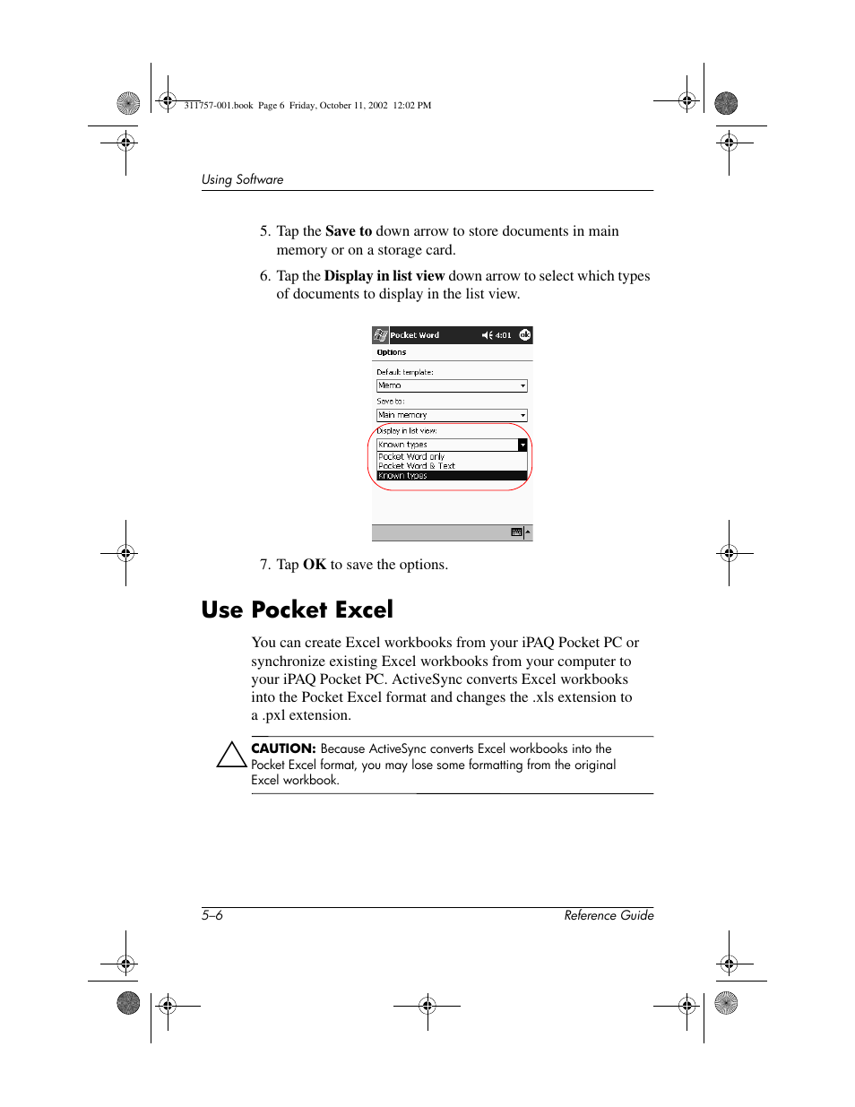 Use pocket excel, Use pocket excel –6, Open or create excel workbooks | HP iPAQ h1910 User Manual | Page 83 / 105