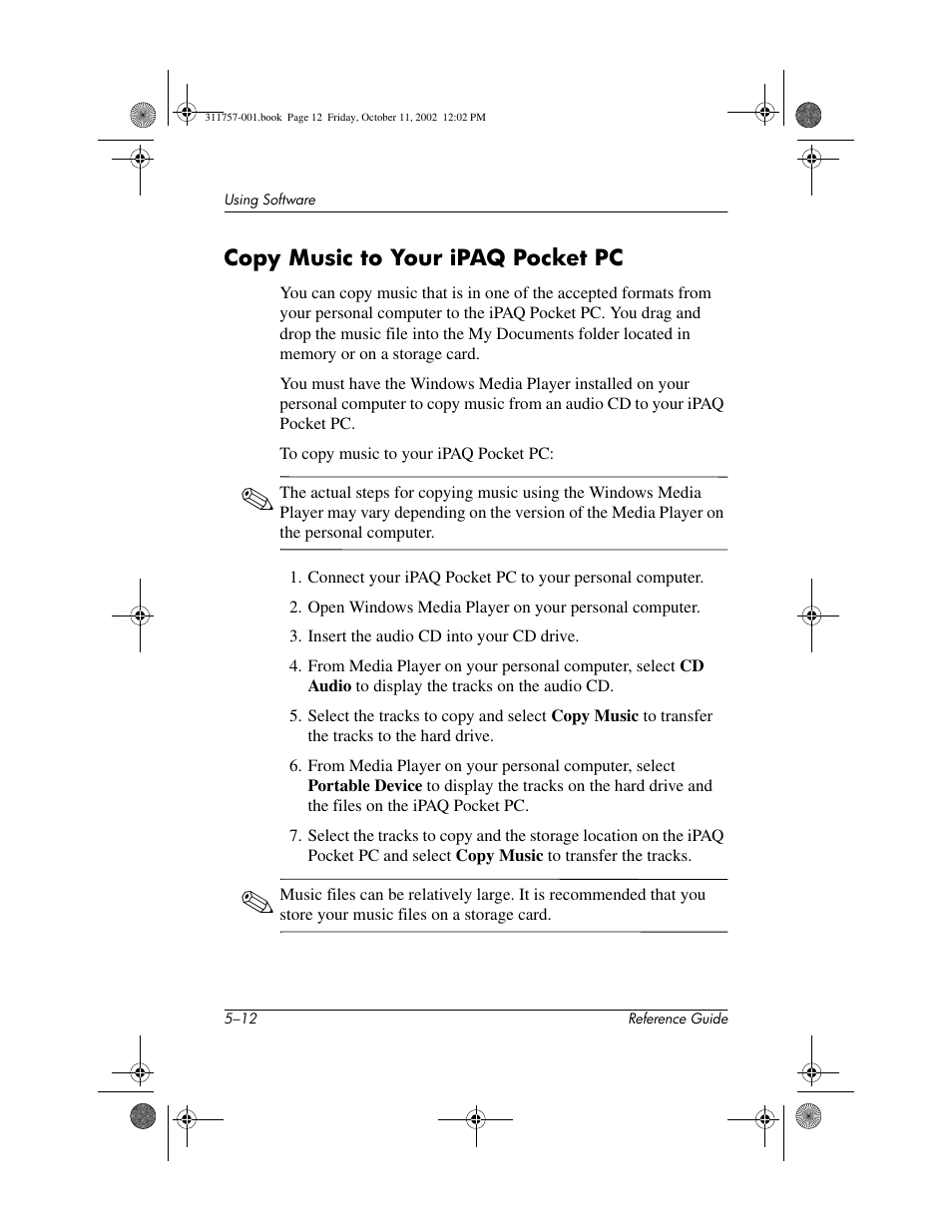Copy music to your ipaq pocket pc, Copy music to your ipaq pocket pc –12 | HP iPAQ h1910 User Manual | Page 89 / 105