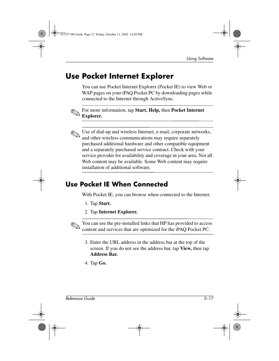 Use pocket internet explorer, Use pocket ie when connected, Use pocket internet explorer –17 | Use pocket ie when connected –17 | HP iPAQ h1910 User Manual | Page 94 / 105