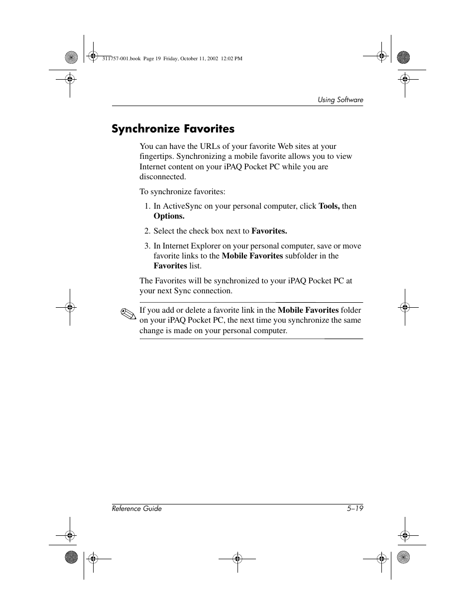 Synchronize favorites, Synchronize favorites –19 | HP iPAQ h1910 User Manual | Page 96 / 105