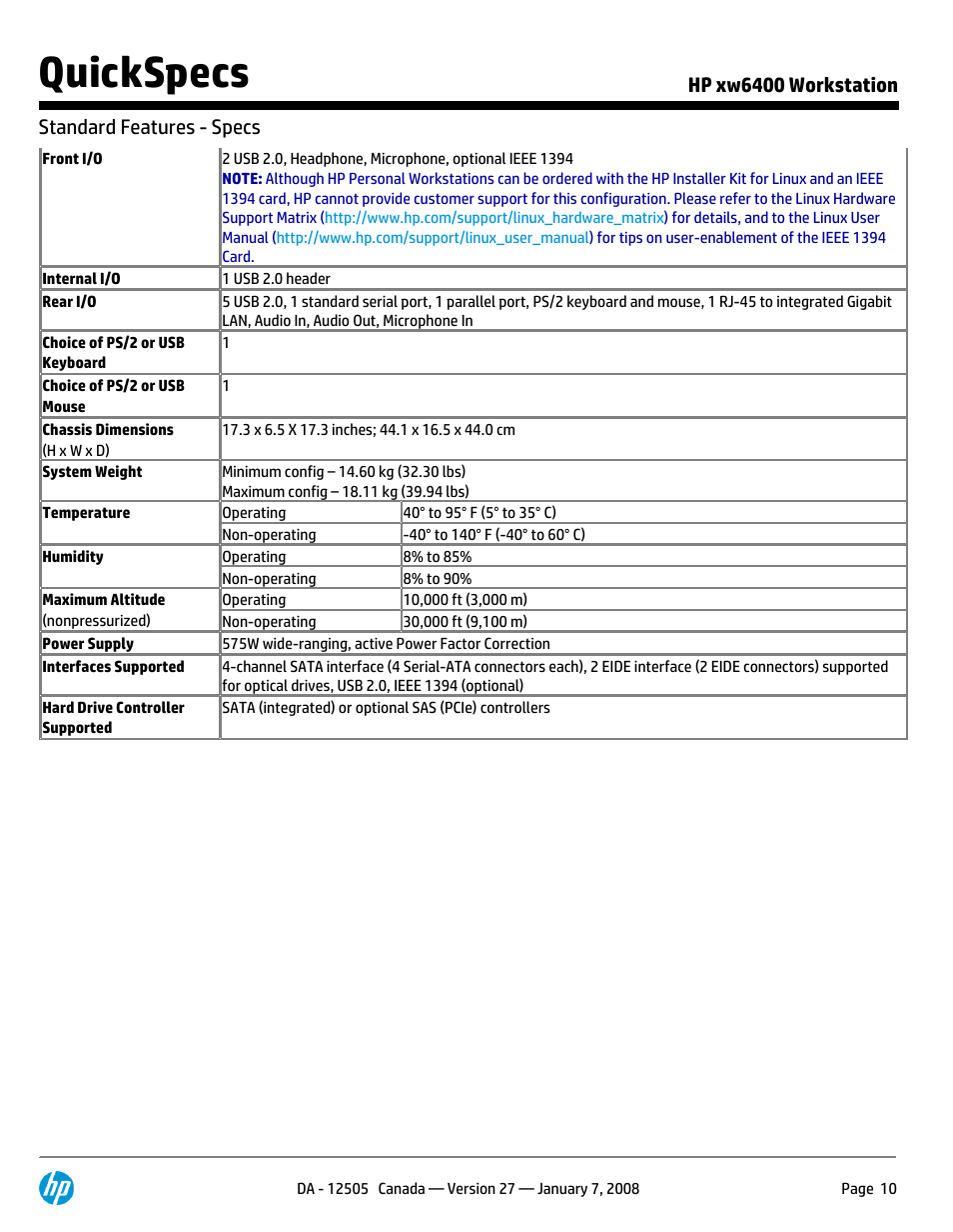 Quickspecs | HP XW6400X User Manual | Page 10 / 90