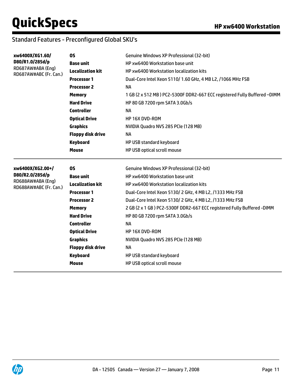 Standard features - preconfigured global sku's, Quickspecs | HP XW6400X User Manual | Page 11 / 90