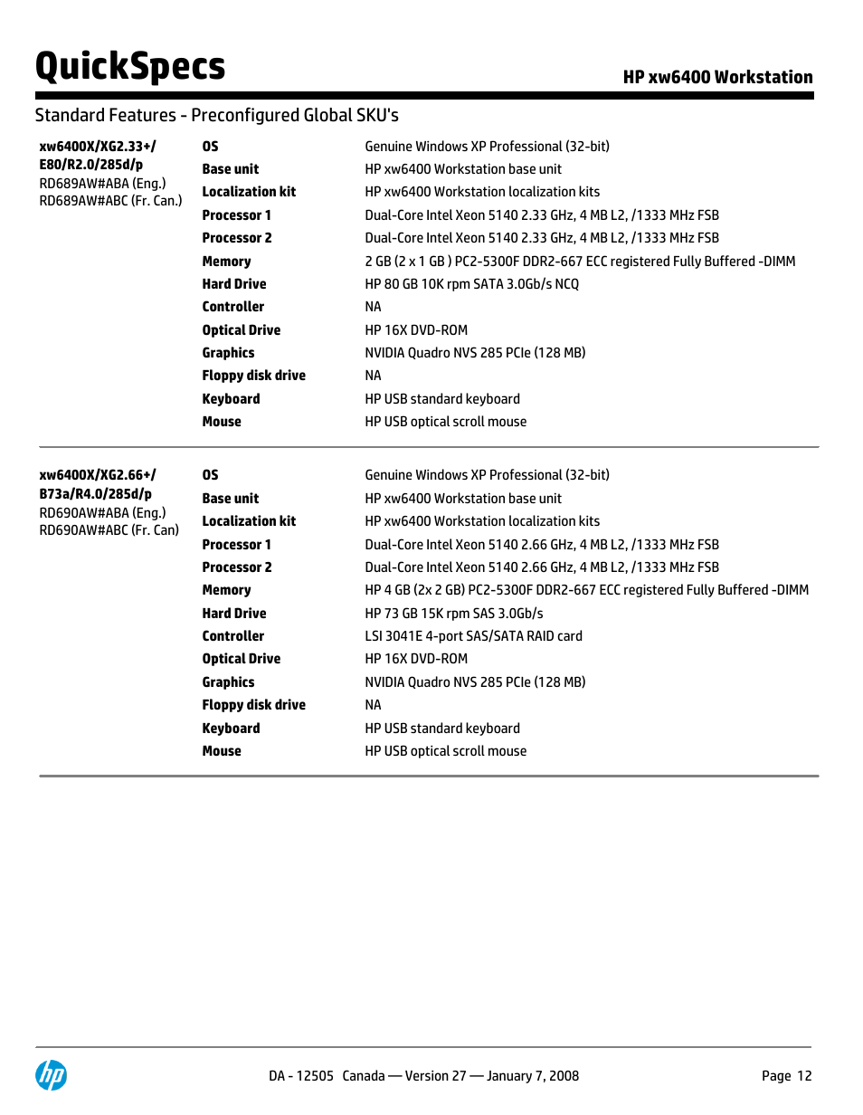 Quickspecs | HP XW6400X User Manual | Page 12 / 90