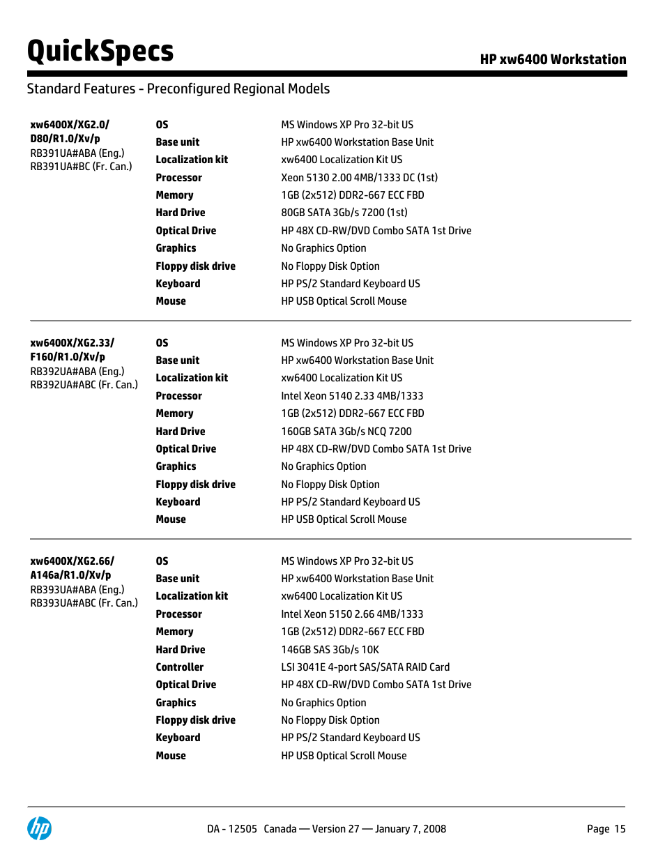 Standard features - preconfigured regional models, Quickspecs | HP XW6400X User Manual | Page 15 / 90