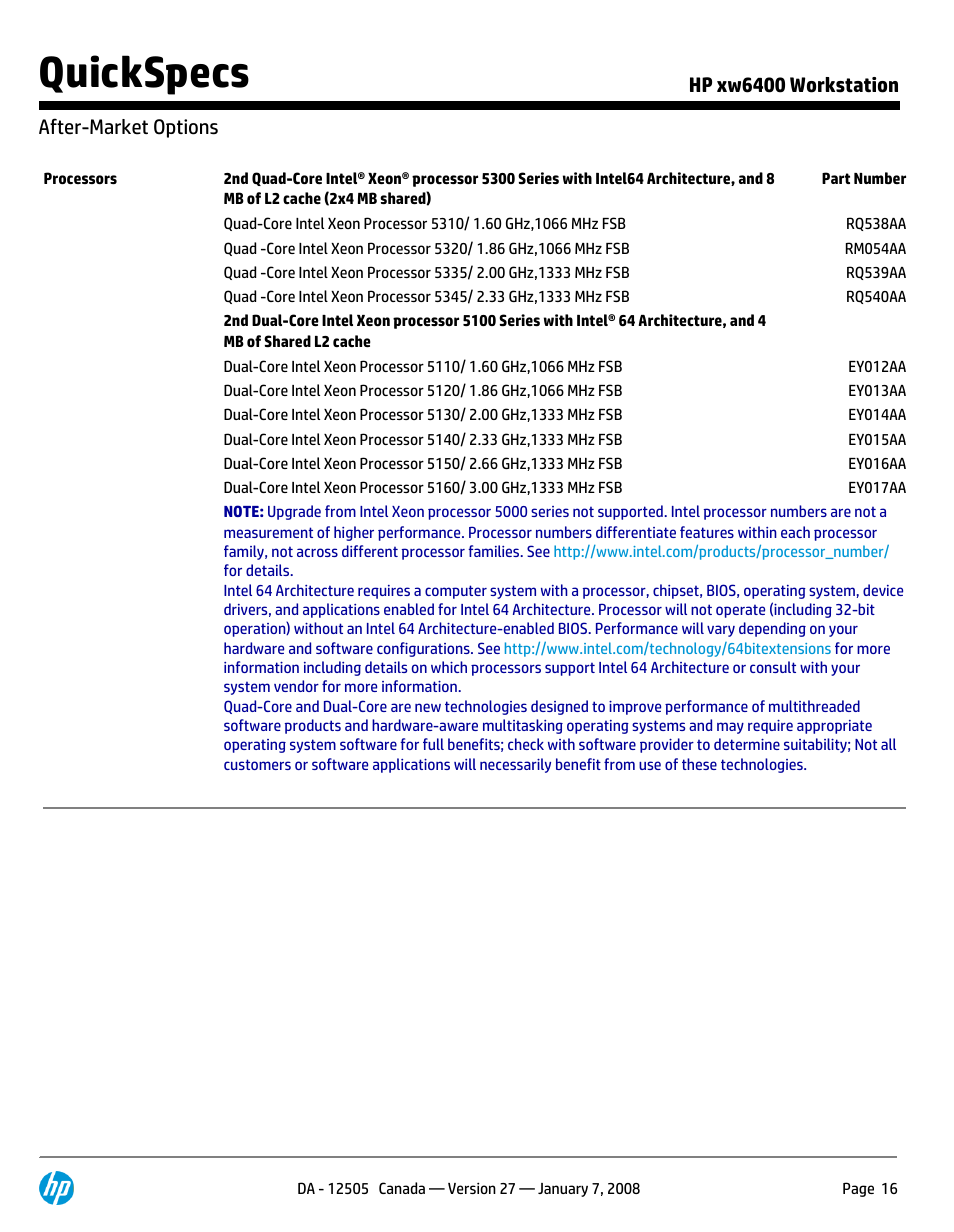 After-market options, Quickspecs | HP XW6400X User Manual | Page 16 / 90