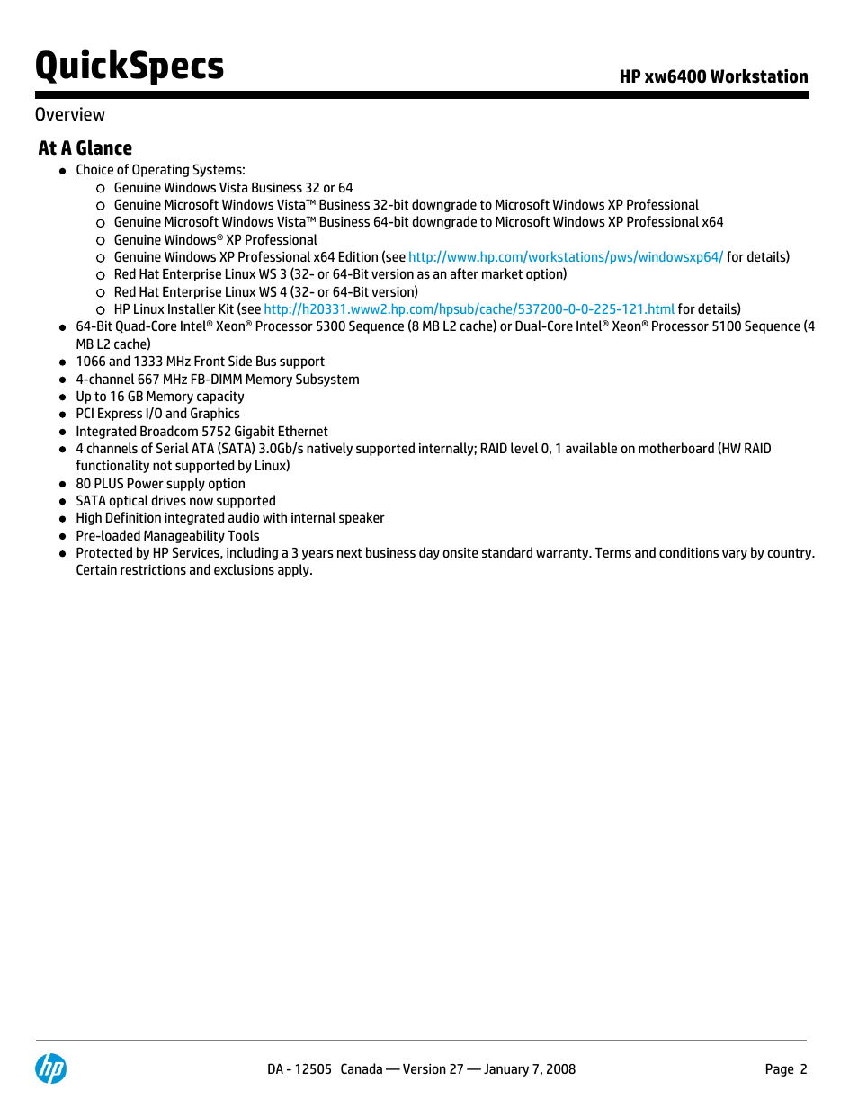 Quickspecs | HP XW6400X User Manual | Page 2 / 90