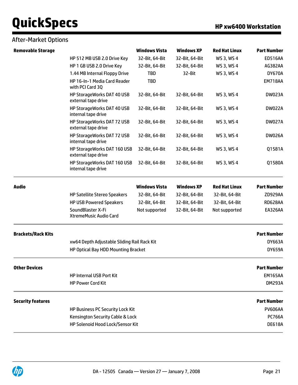 Quickspecs, Hp xw6400 workstation after-market options | HP XW6400X User Manual | Page 21 / 90