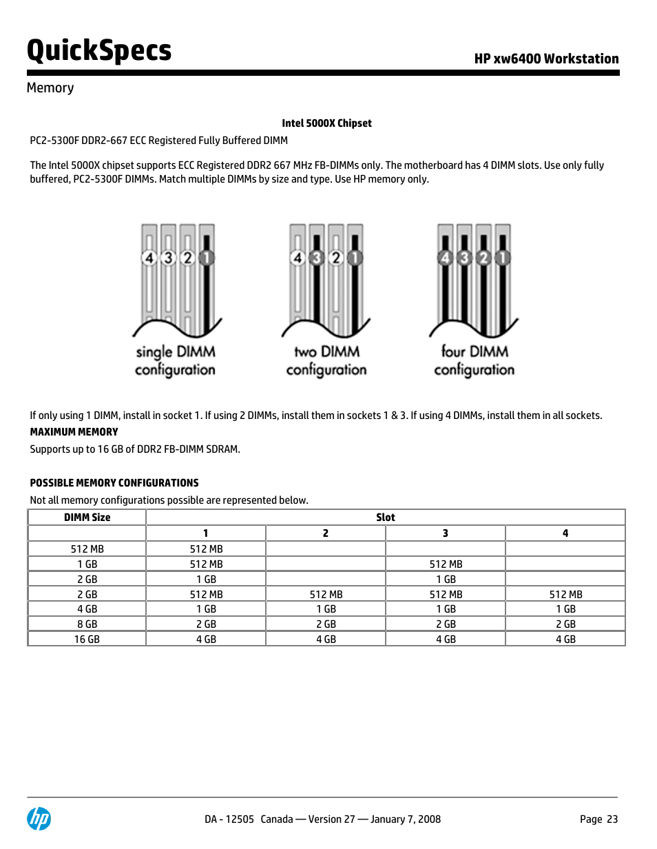 Memory, Quickspecs | HP XW6400X User Manual | Page 23 / 90