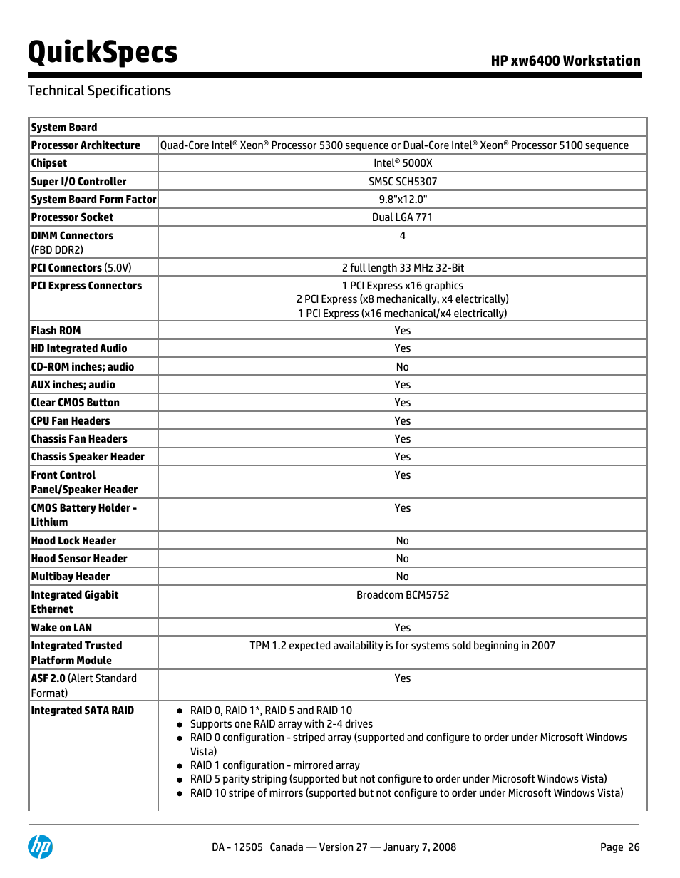 Technical specifications, Quickspecs | HP XW6400X User Manual | Page 26 / 90
