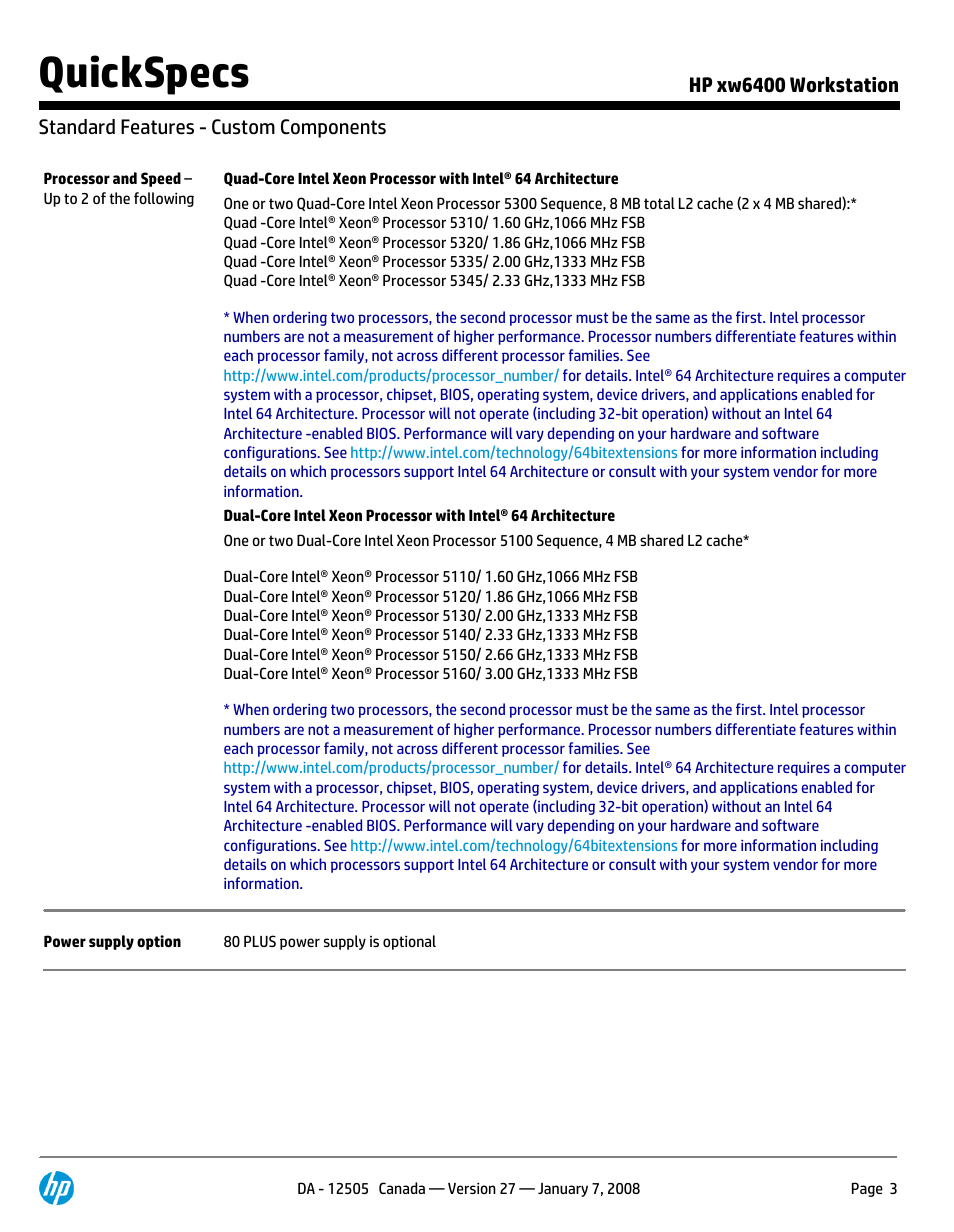 Standard features - custom components, Quickspecs | HP XW6400X User Manual | Page 3 / 90