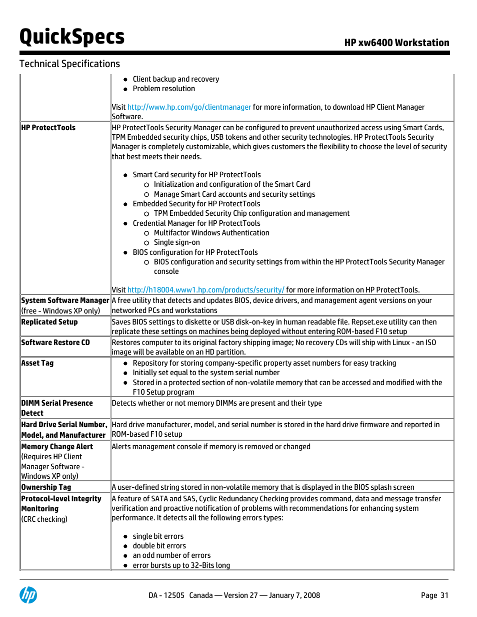 Quickspecs | HP XW6400X User Manual | Page 31 / 90