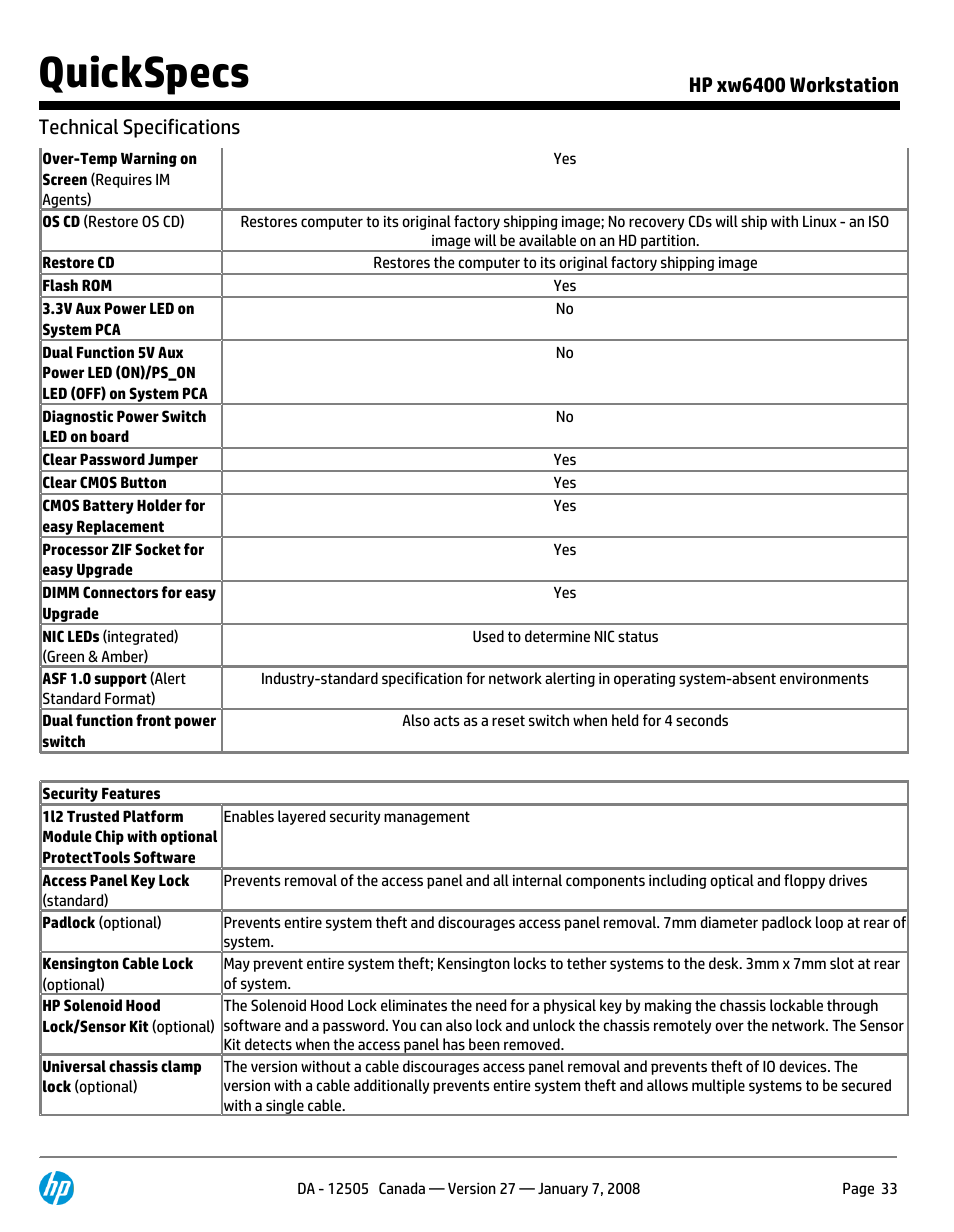 Quickspecs | HP XW6400X User Manual | Page 33 / 90