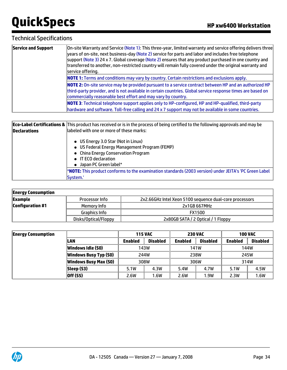 Quickspecs, Hp xw6400 workstation technical specifications | HP XW6400X User Manual | Page 34 / 90