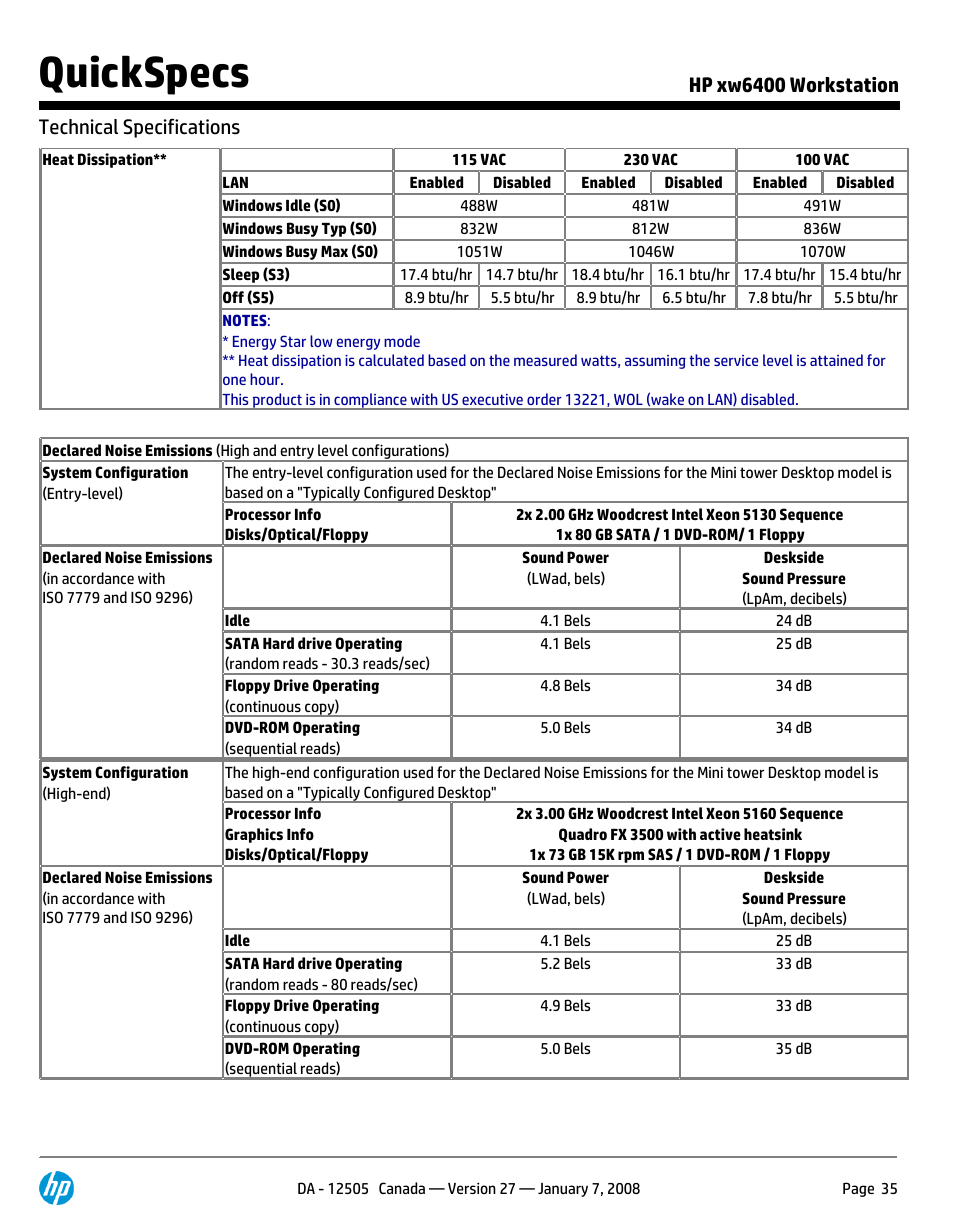 Quickspecs, Hp xw6400 workstation technical specifications | HP XW6400X User Manual | Page 35 / 90