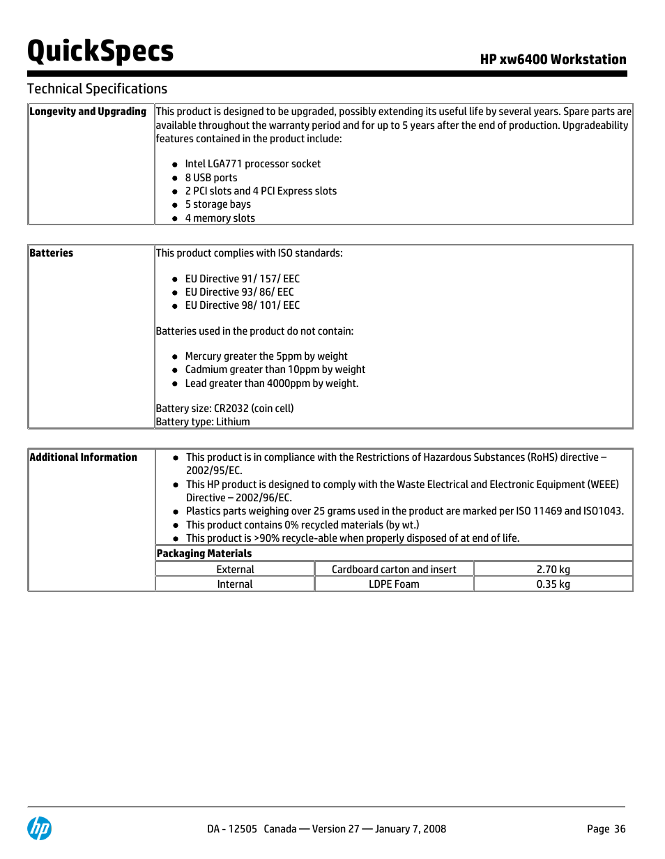 Quickspecs | HP XW6400X User Manual | Page 36 / 90