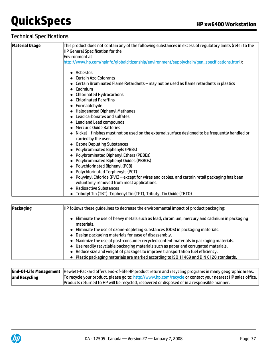 Quickspecs | HP XW6400X User Manual | Page 37 / 90