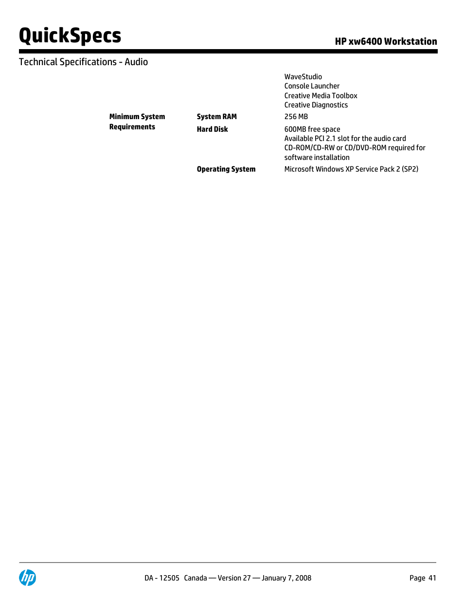 Quickspecs | HP XW6400X User Manual | Page 41 / 90