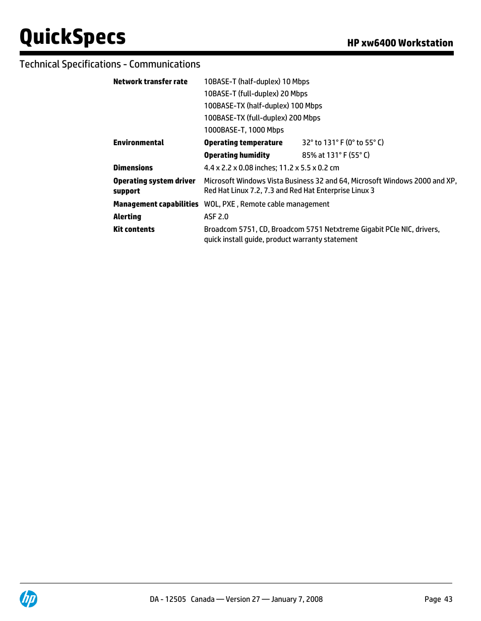 Quickspecs | HP XW6400X User Manual | Page 43 / 90