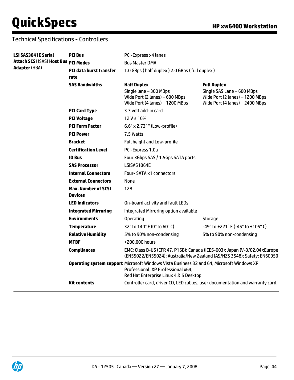 Technical specifications - controllers, Quickspecs | HP XW6400X User Manual | Page 44 / 90