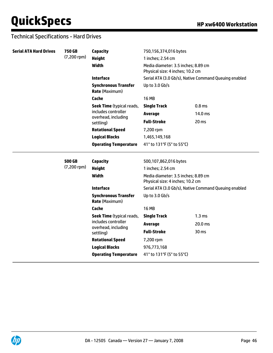 Technical specifications - hard drives, Quickspecs | HP XW6400X User Manual | Page 46 / 90