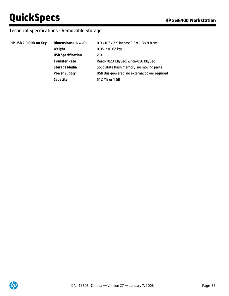 Technical specifications - removable storage, Quickspecs | HP XW6400X User Manual | Page 52 / 90