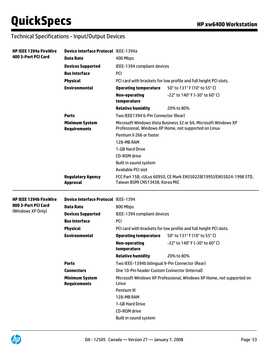 Technical specifications - input/output devices, Quickspecs | HP XW6400X User Manual | Page 53 / 90