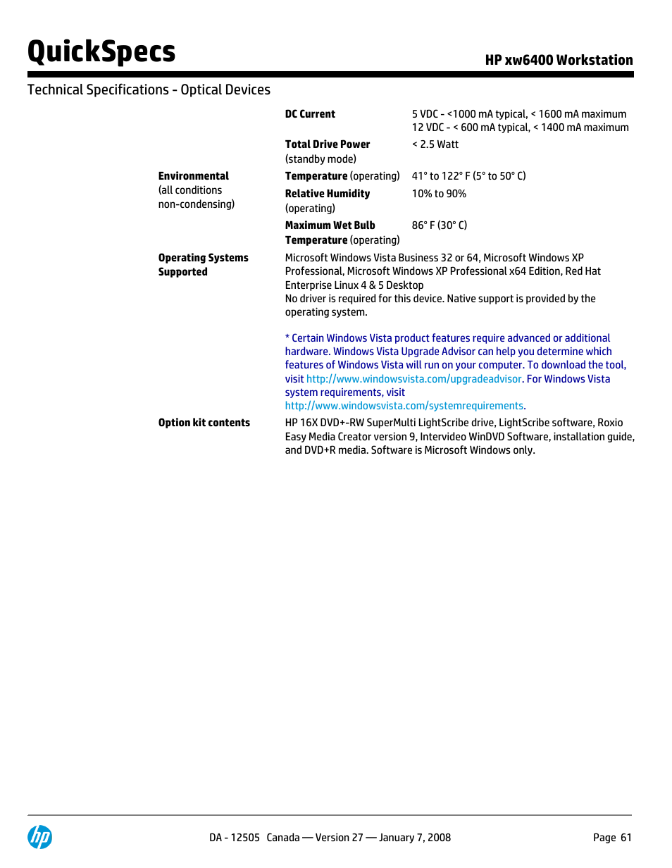 Quickspecs | HP XW6400X User Manual | Page 61 / 90