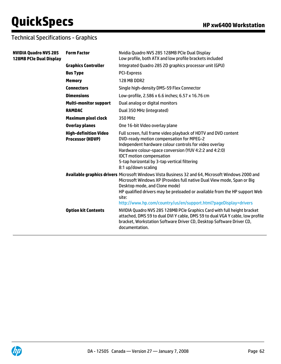 Technical specifications - graphics, Quickspecs | HP XW6400X User Manual | Page 62 / 90