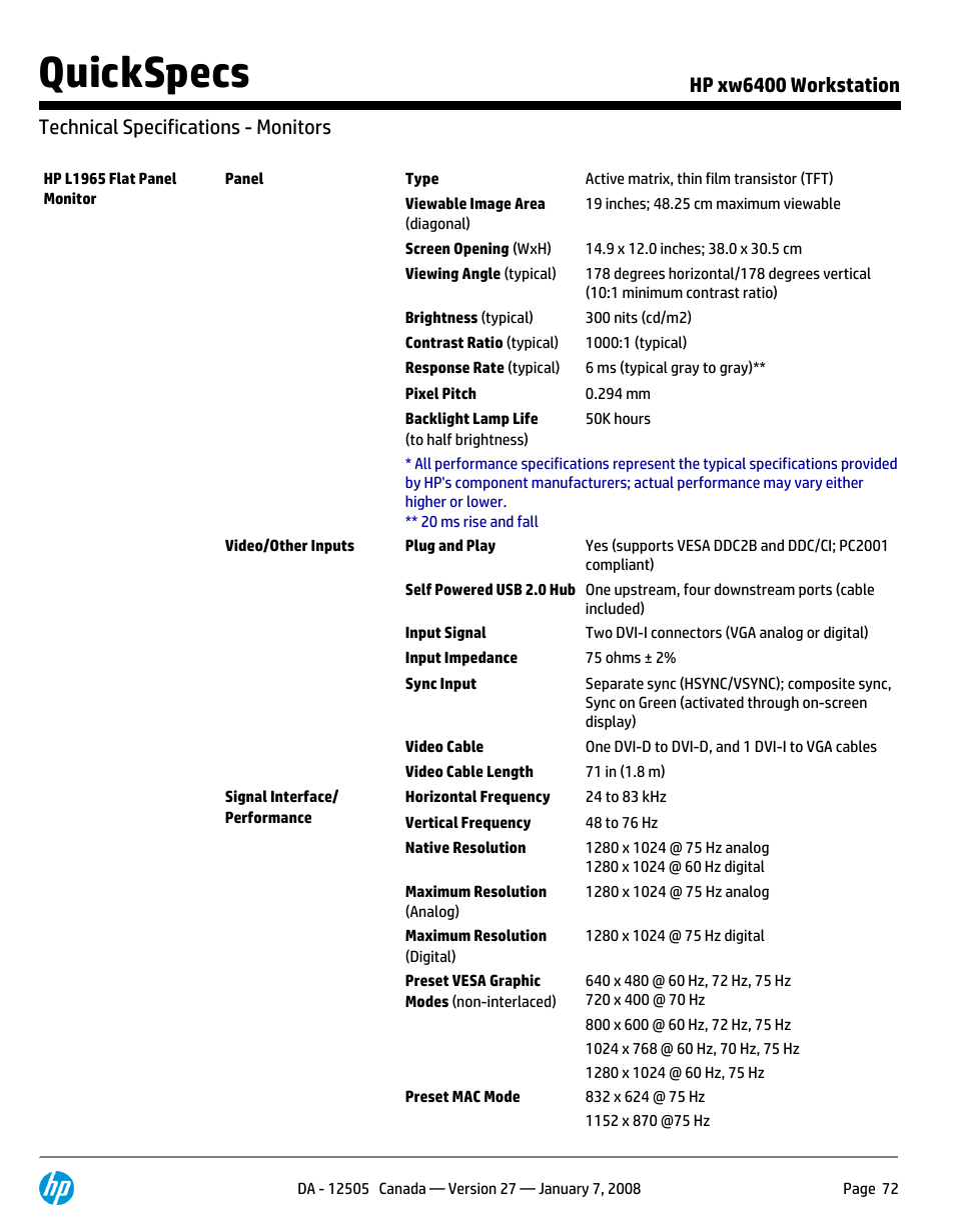 Technical specifications - monitors, Quickspecs | HP XW6400X User Manual | Page 72 / 90