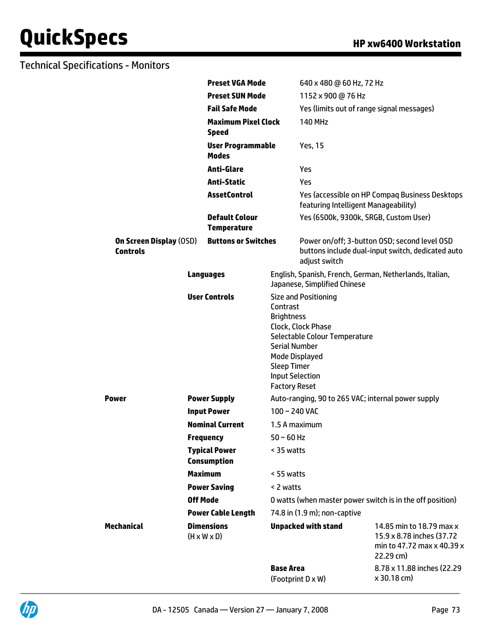 Quickspecs | HP XW6400X User Manual | Page 73 / 90