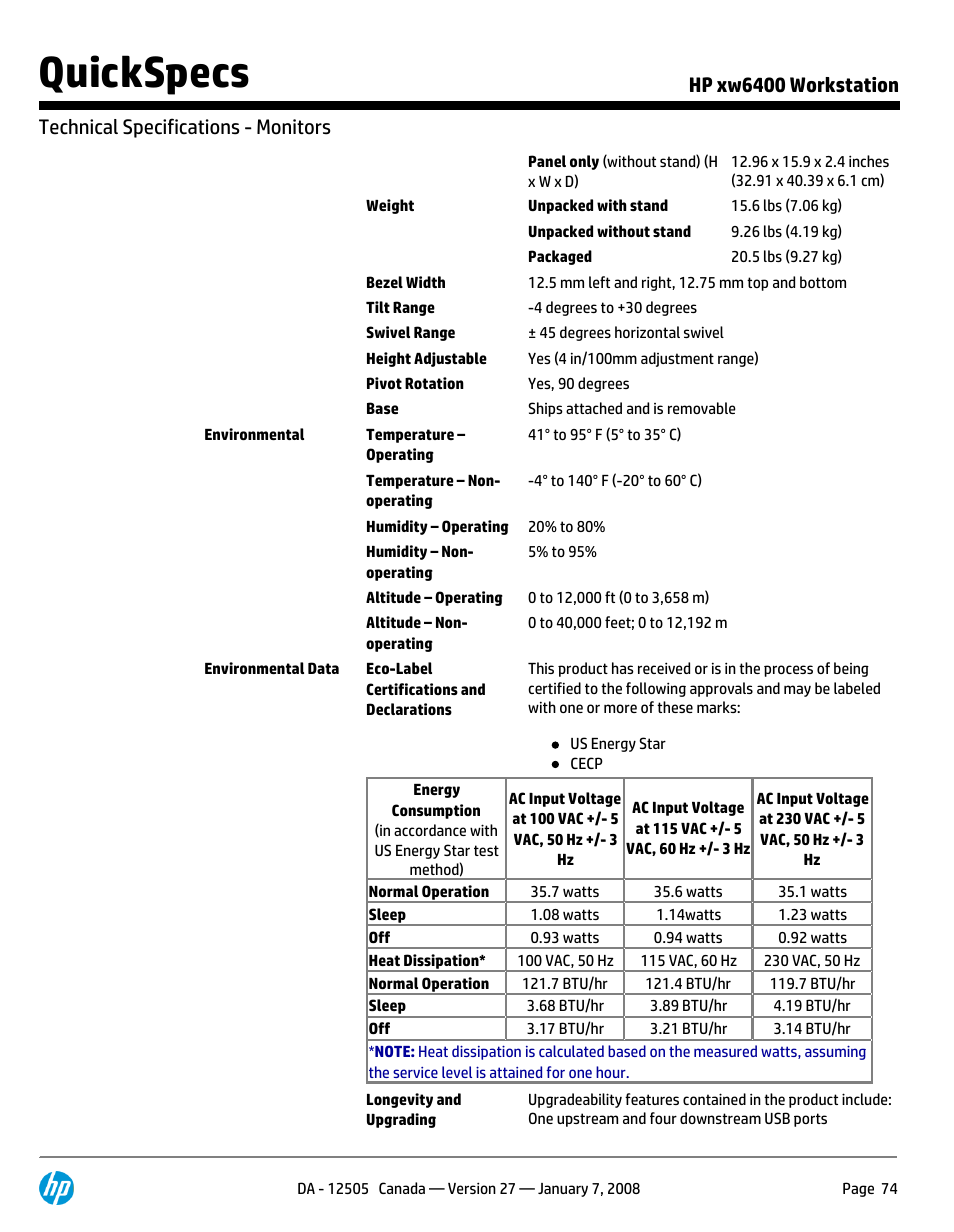 Quickspecs | HP XW6400X User Manual | Page 74 / 90