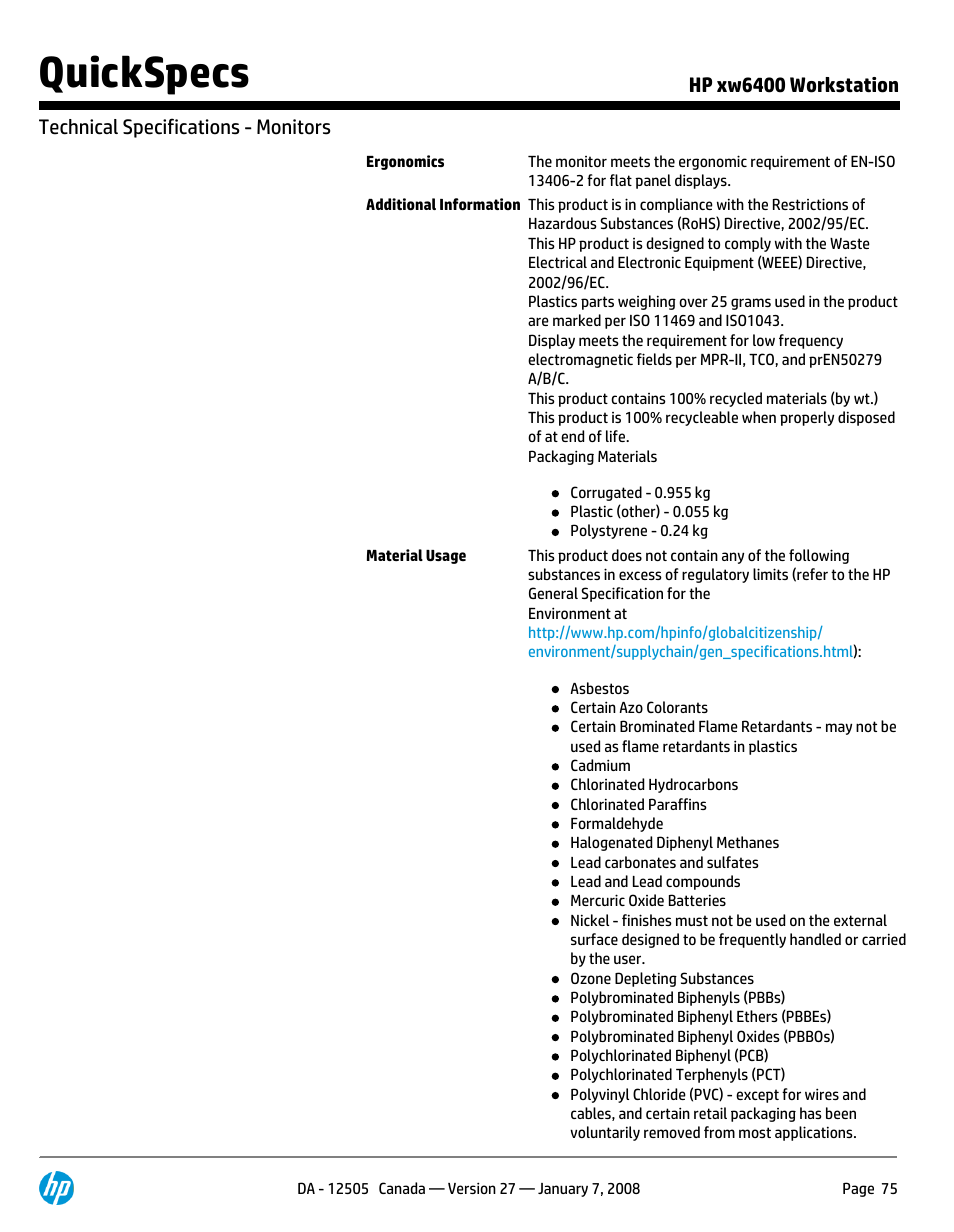 Quickspecs | HP XW6400X User Manual | Page 75 / 90