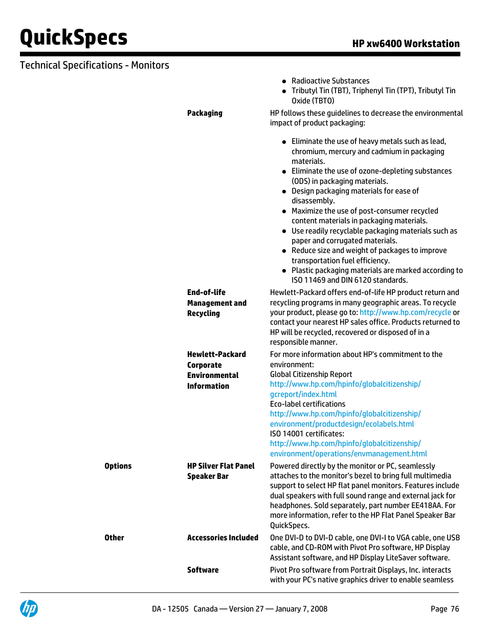 Quickspecs | HP XW6400X User Manual | Page 76 / 90