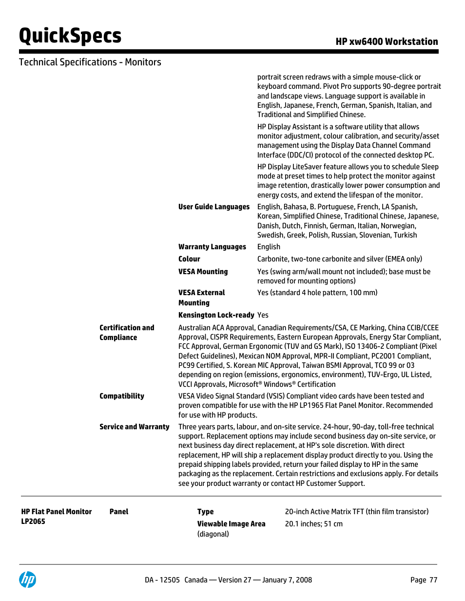 Quickspecs | HP XW6400X User Manual | Page 77 / 90