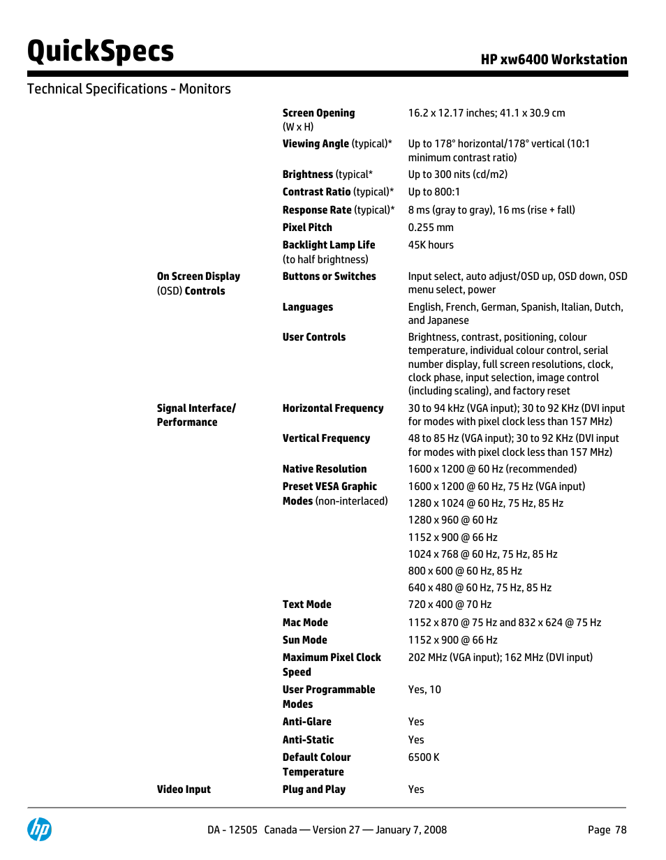 Quickspecs | HP XW6400X User Manual | Page 78 / 90