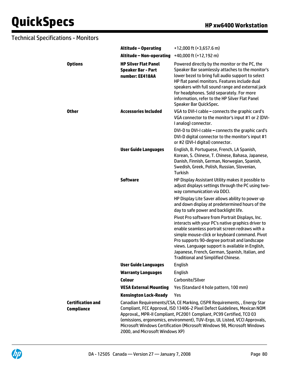 Quickspecs | HP XW6400X User Manual | Page 80 / 90