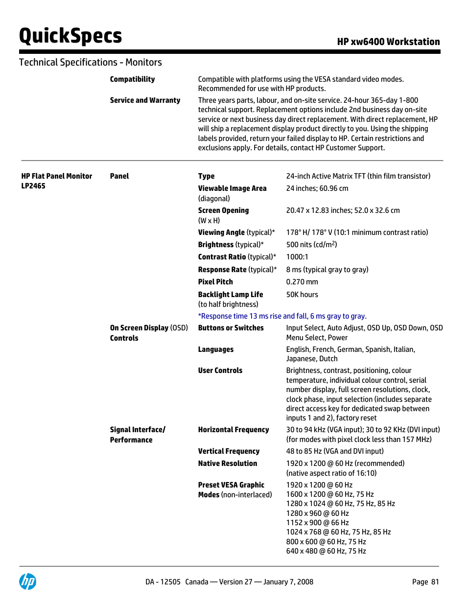 Quickspecs | HP XW6400X User Manual | Page 81 / 90