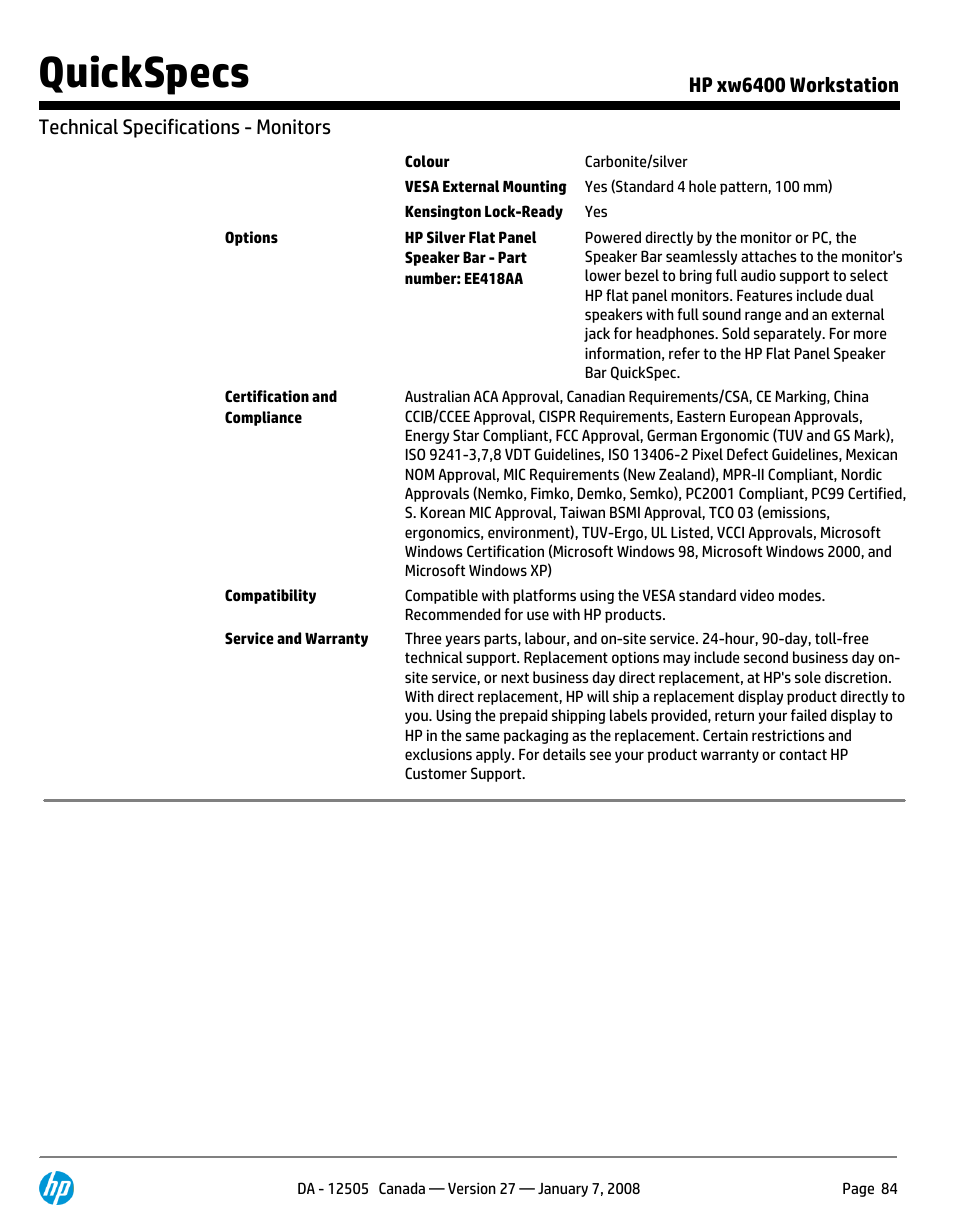 Quickspecs | HP XW6400X User Manual | Page 84 / 90