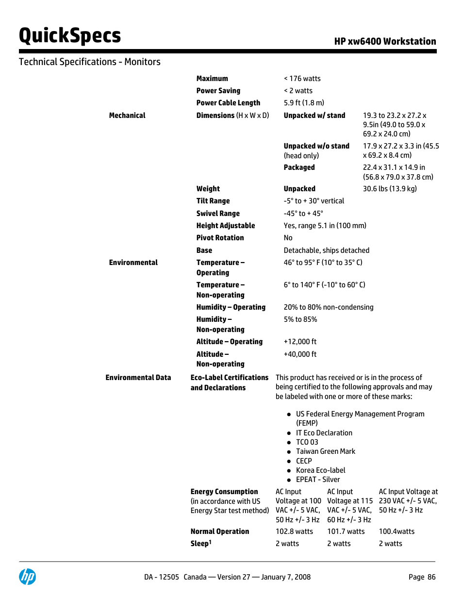 Quickspecs | HP XW6400X User Manual | Page 86 / 90