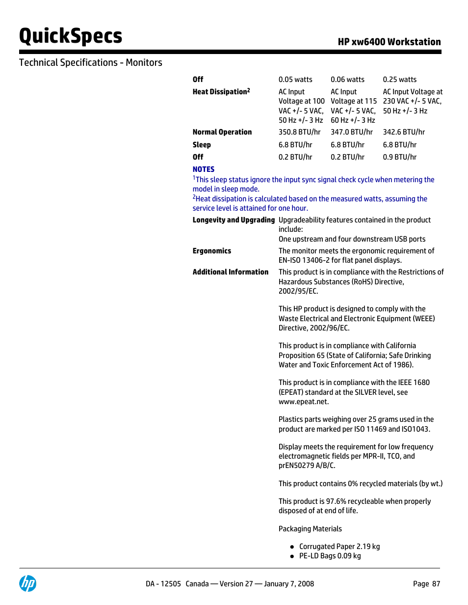 Quickspecs | HP XW6400X User Manual | Page 87 / 90