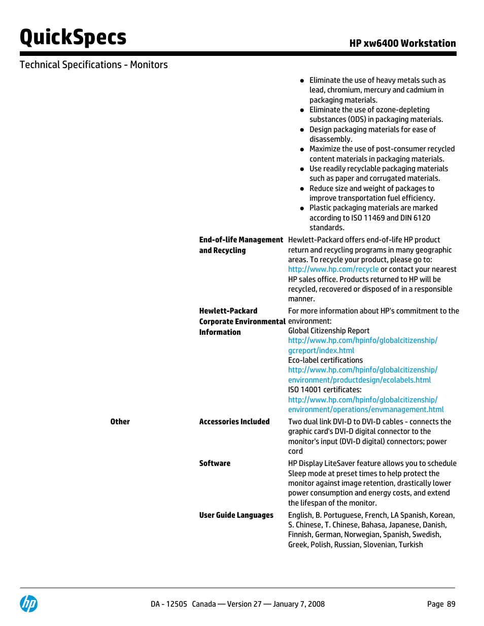 Quickspecs | HP XW6400X User Manual | Page 89 / 90