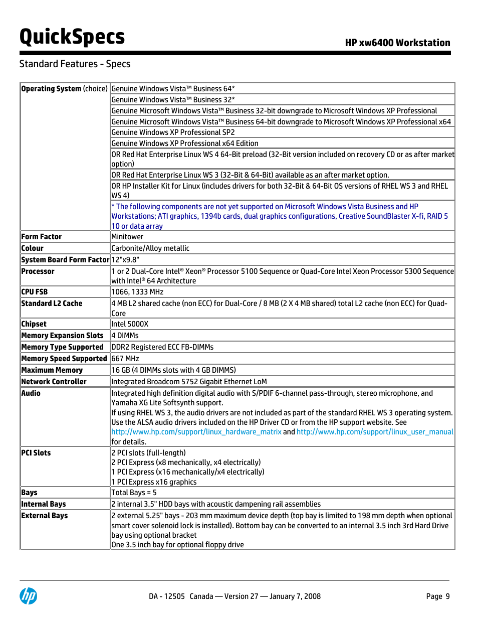 Standard features - specs, Quickspecs | HP XW6400X User Manual | Page 9 / 90